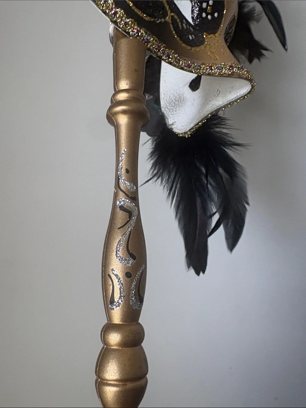 Gold and Black Feathered Venetian Handheld Mask